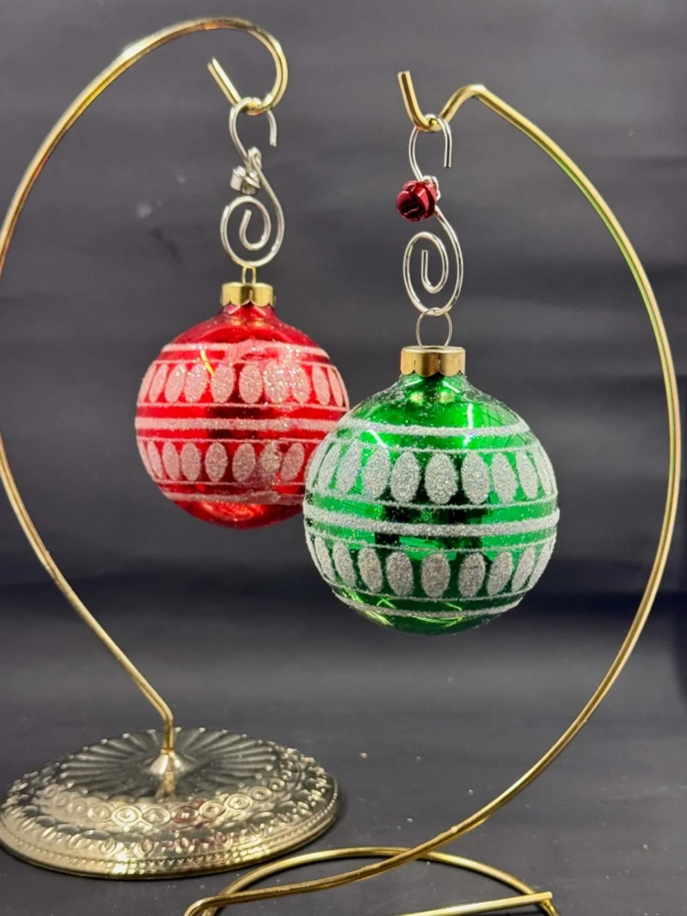 Vintage Set of Four Rauch Red and Green iridescent accents Christmas Ornaments